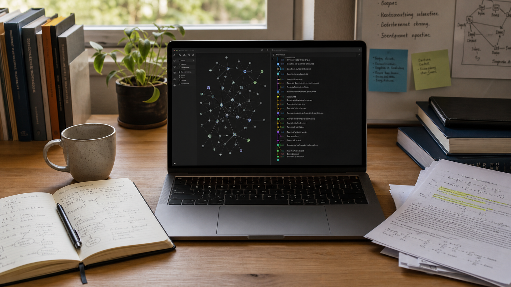A research desk with Markdown notes, a graph view, and Git history